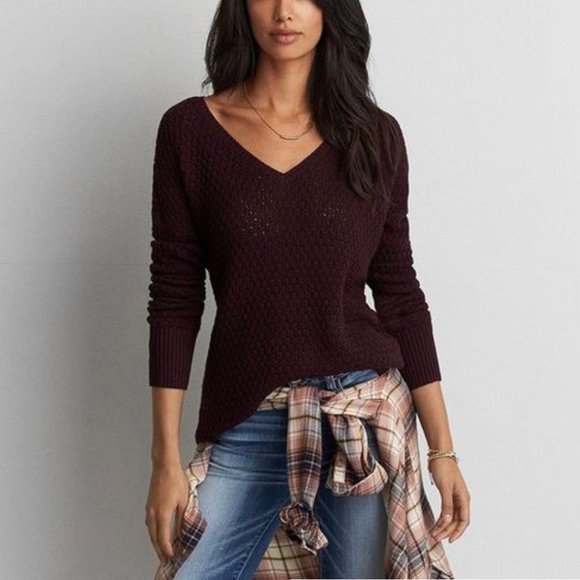 American Eagle Outfitters Sweaters - AE Knitted V-Neck Burgundy Sweater
